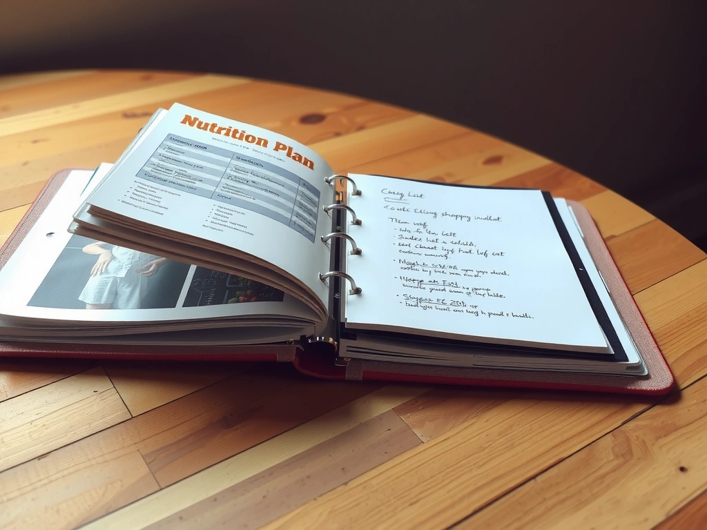 Geöffnetes Ordner mit Ernährungsplan und Einkaufsliste